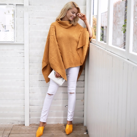 Camel Knit Cowl Neck Poncho One Size - Picture 2 of 8